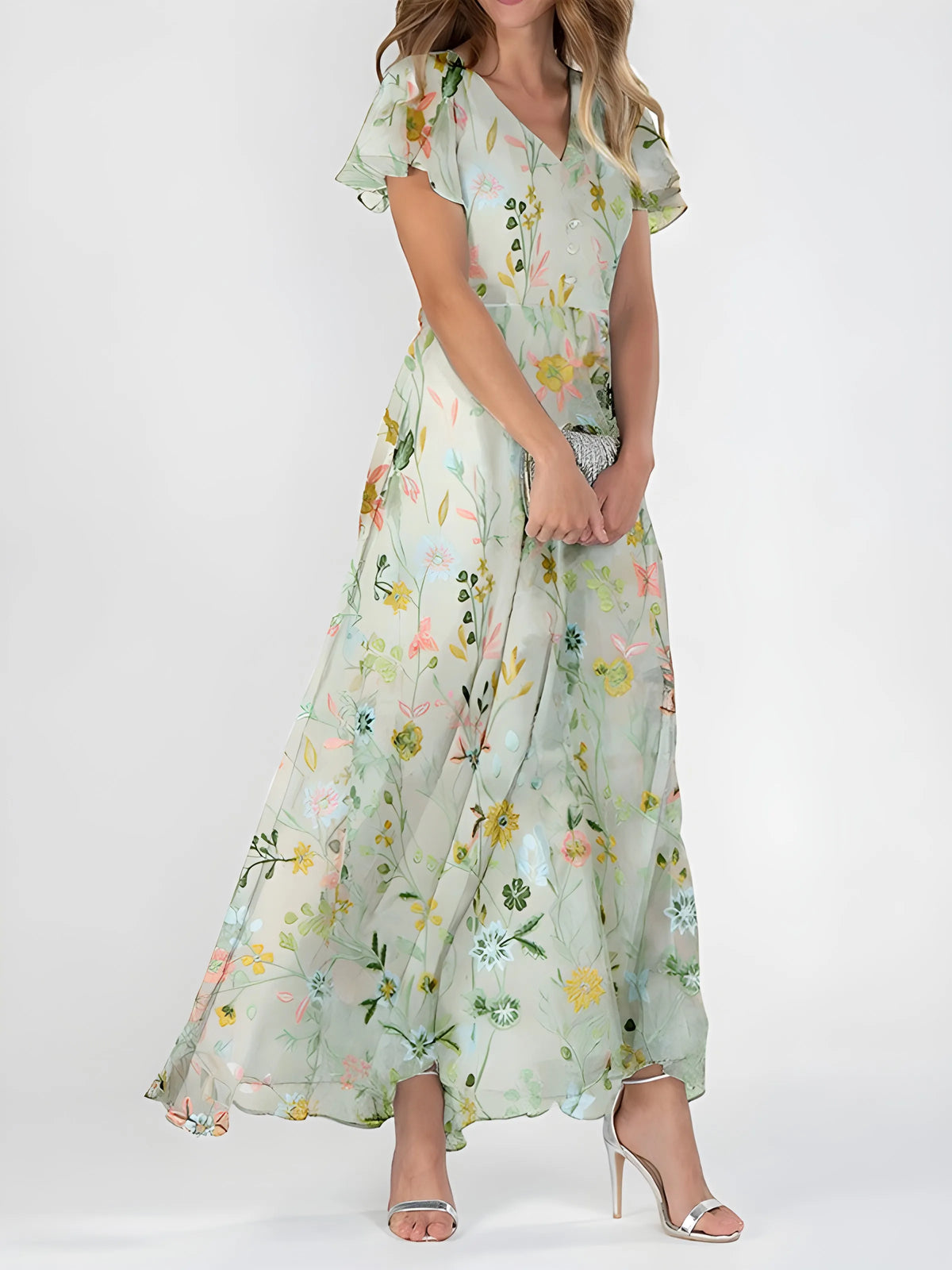Vestido de Invitada de Boda Largo Floral Elegante con Manga Corta