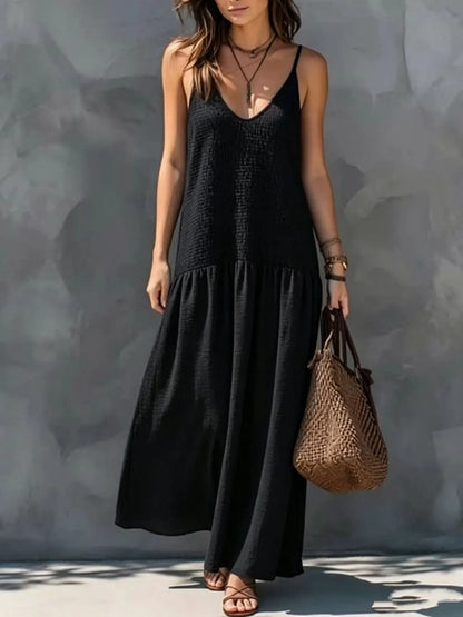 Vestido de Verano Largo Casual con Cuerpo Fruncido y Escote en V