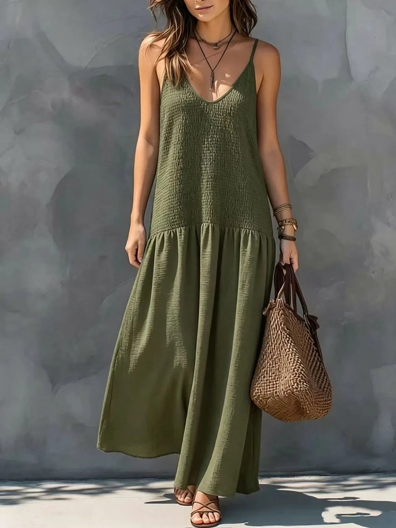 Vestido de Verano Largo Casual con Cuerpo Fruncido y Escote en V