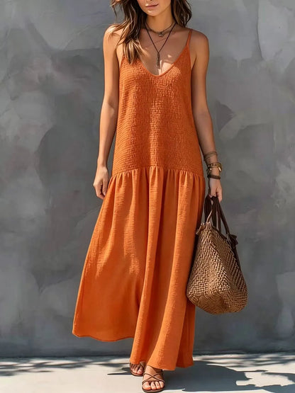 Vestido de Verano Largo Casual con Cuerpo Fruncido y Escote en V