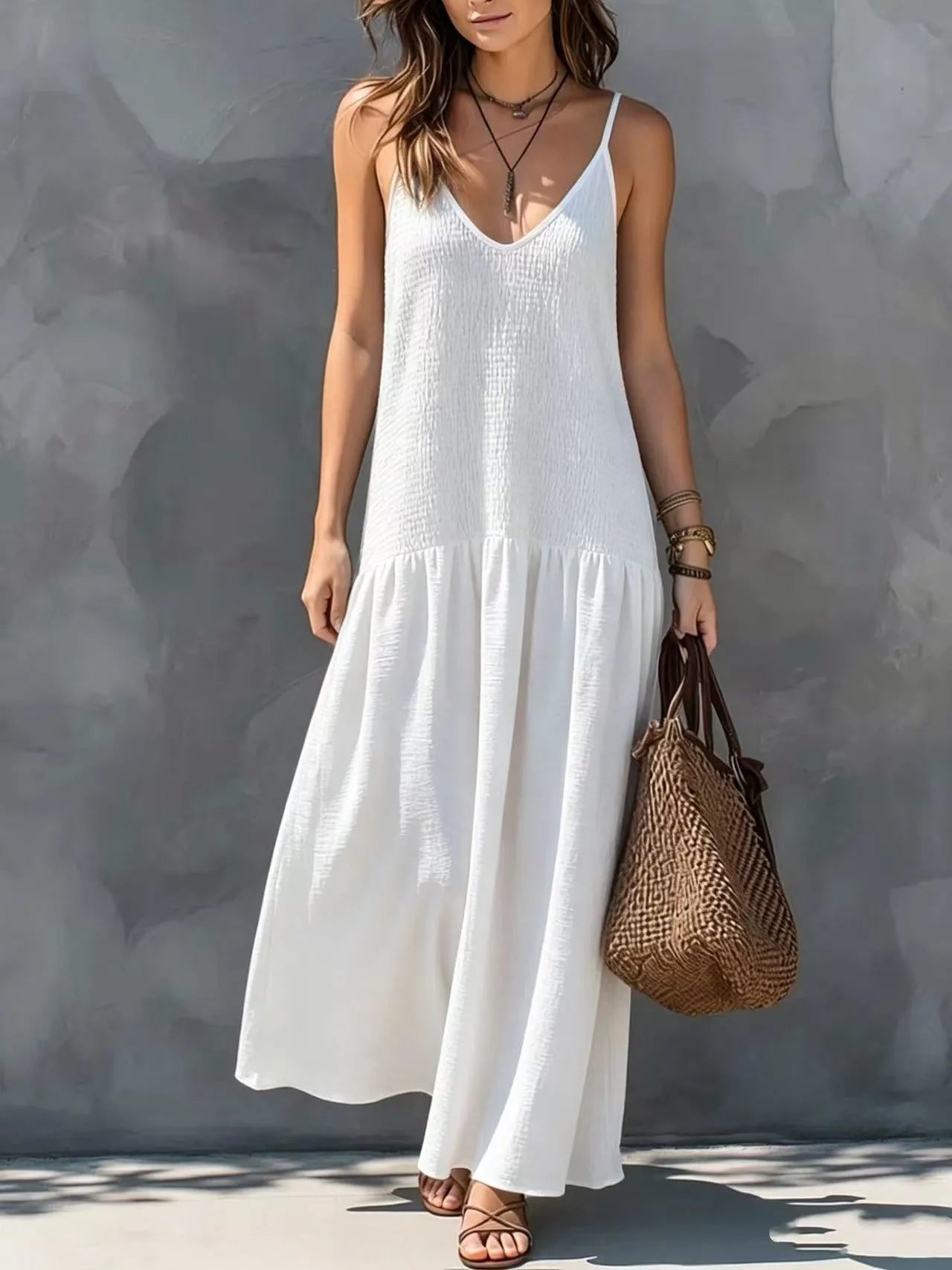 Vestido de Verano Largo Casual con Cuerpo Fruncido y Escote en V