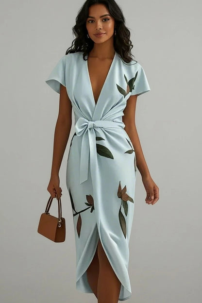 Vestido de Verano Midi Elegante con Flores Y Manga Corta