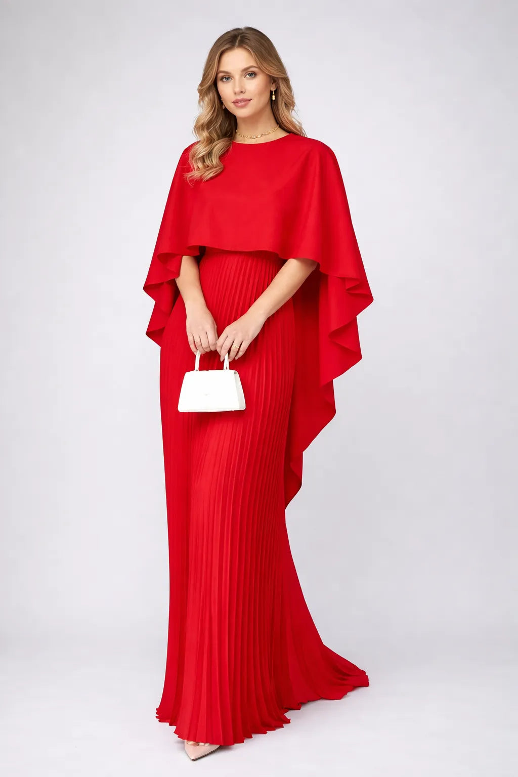 Vestido de Invitada De Boda Largo Elegante Plisado con Capa