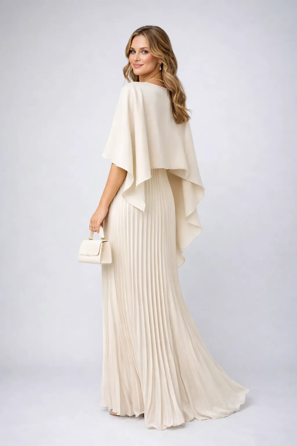 Vestido de Invitada De Boda Largo Elegante Plisado con Capa