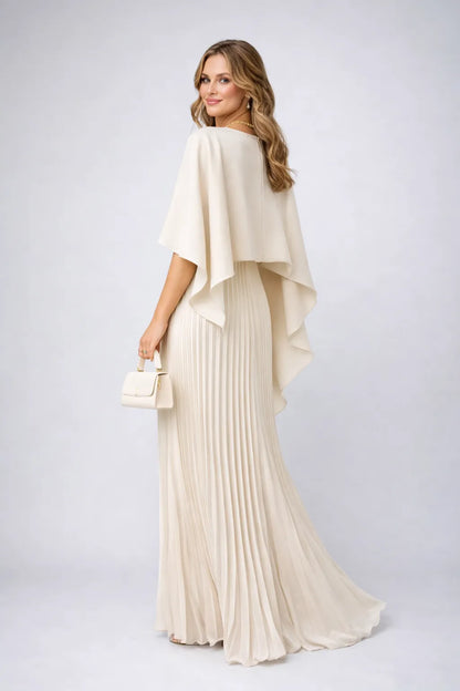 Vestido de Invitada De Boda Largo Elegante Plisado con Capa