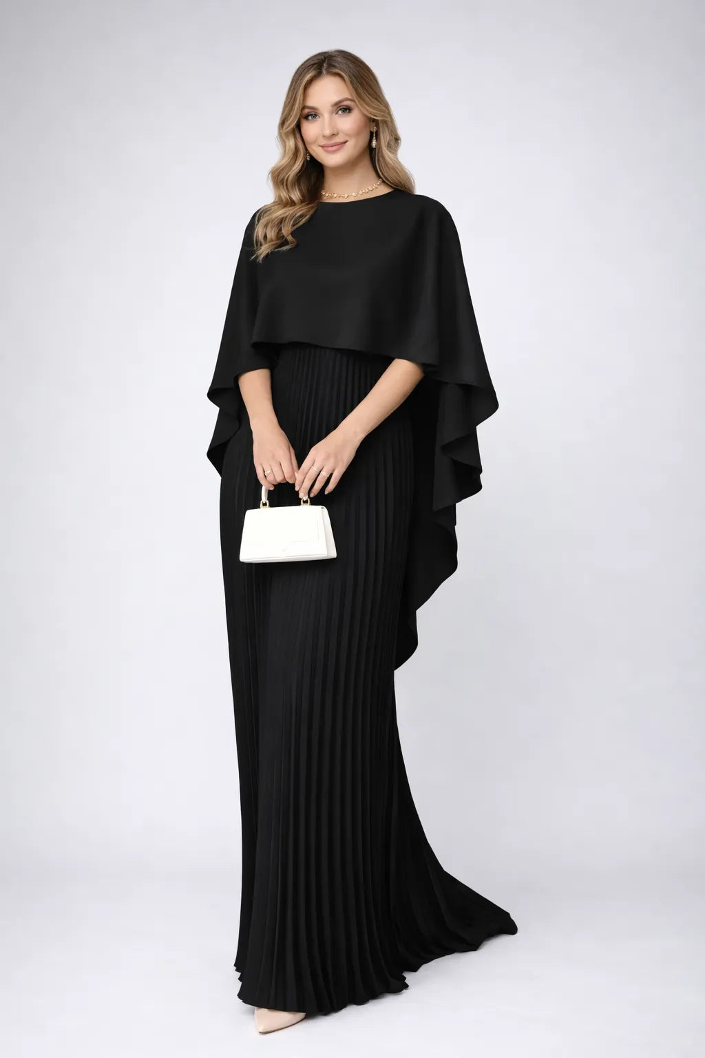 Vestido de Invitada De Boda Largo Elegante Plisado con Capa