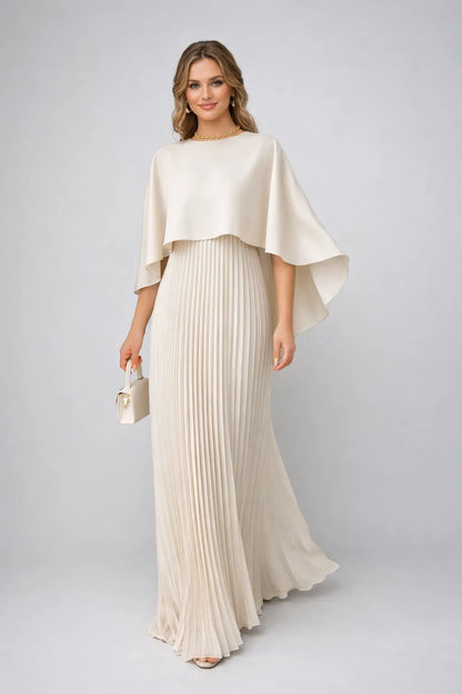 Vestido de Invitada De Boda Largo Elegante Plisado con Capa