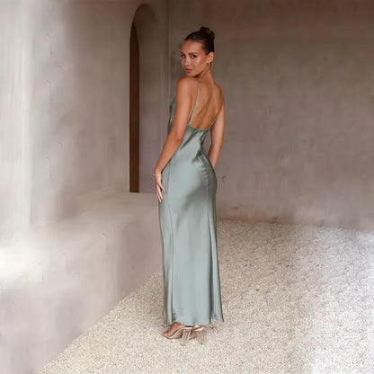 Vestido de Invitada de Boda Largo Elegante Espalda Descubierta con Tirantes