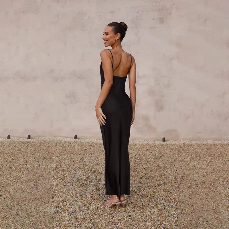 Vestido de Invitada de Boda Largo Elegante Espalda Descubierta con Tirantes