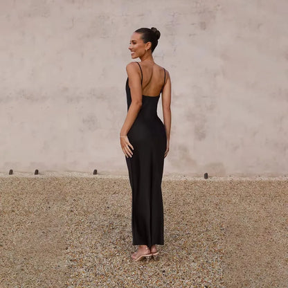 Vestido de Invitada de Boda Largo Elegante Espalda Descubierta con Tirantes