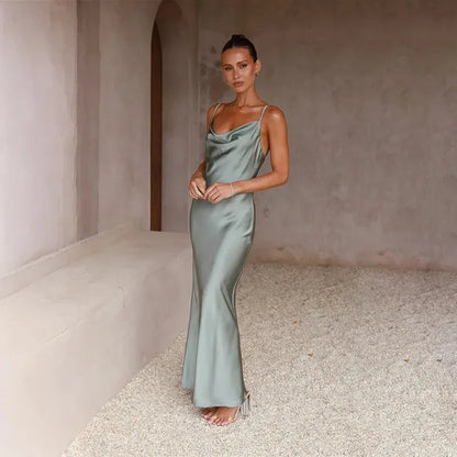 Vestido de Invitada de Boda Largo Elegante Espalda Descubierta con Tirantes