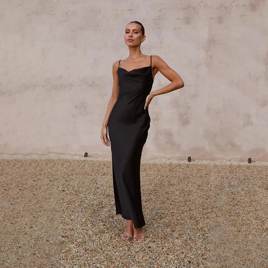 Vestido de Invitada de Boda Largo Elegante Espalda Descubierta con Tirantes