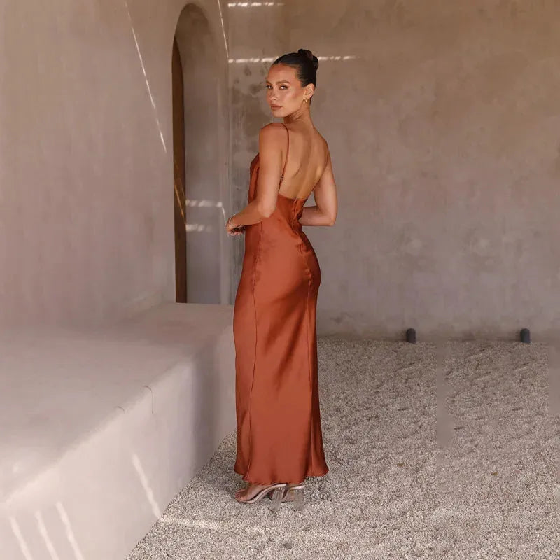 Vestido de Invitada de Boda Largo Elegante Espalda Descubierta con Tirantes
