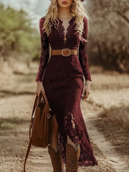 Vestido de Invitada de Boda Midi Manga Larga Boho con Abertura 