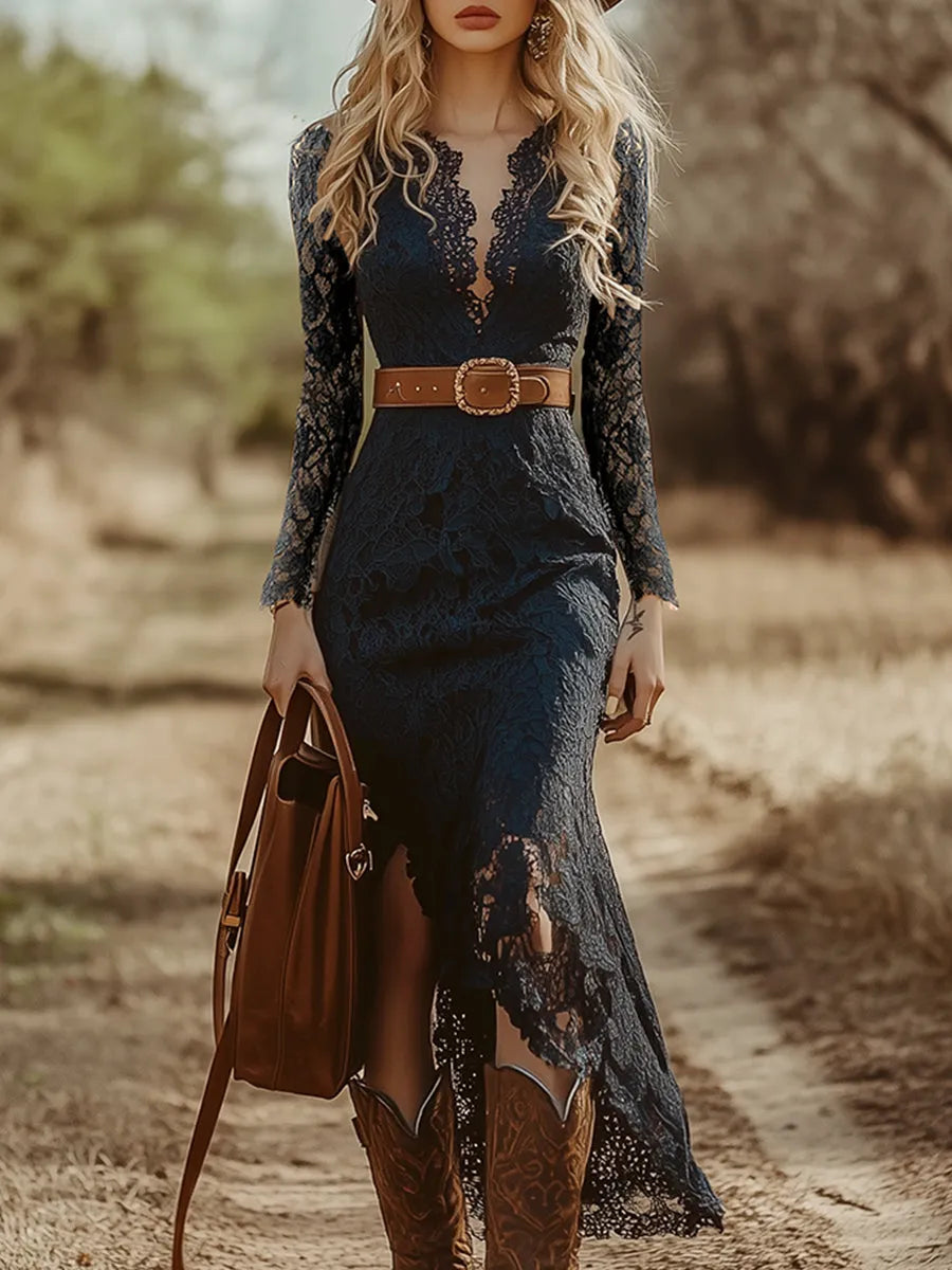 Vestido de Invitada de Boda Midi Manga Larga Boho con Abertura 