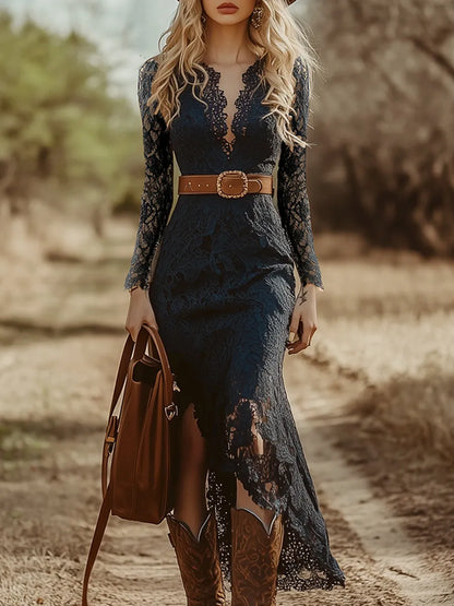 Vestido de Invitada de Boda Midi Manga Larga Boho con Abertura 