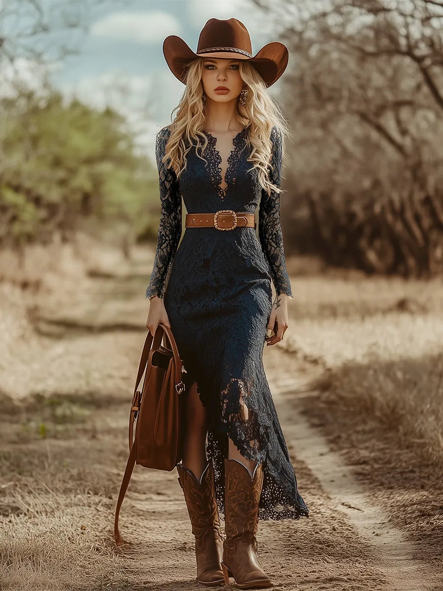 Vestido de Invitada de Boda Midi Manga Larga Boho con Abertura 