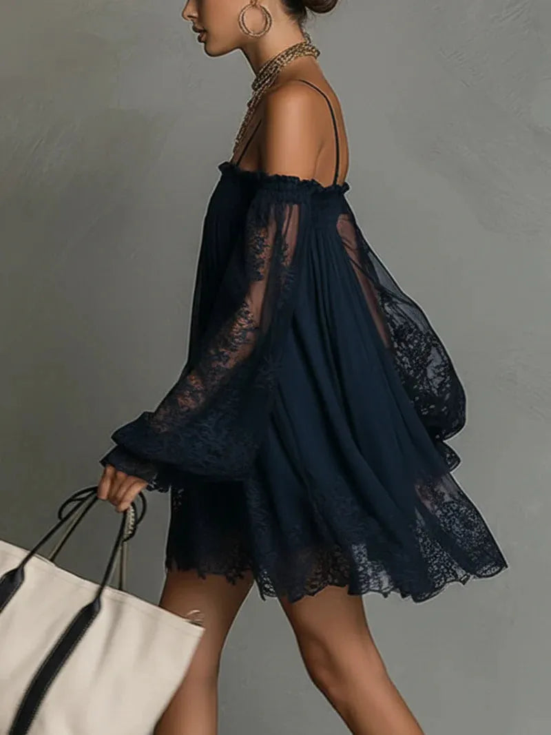 Vestido de Invitada de Boda Corto Azul Marino Boho con Manga Larga