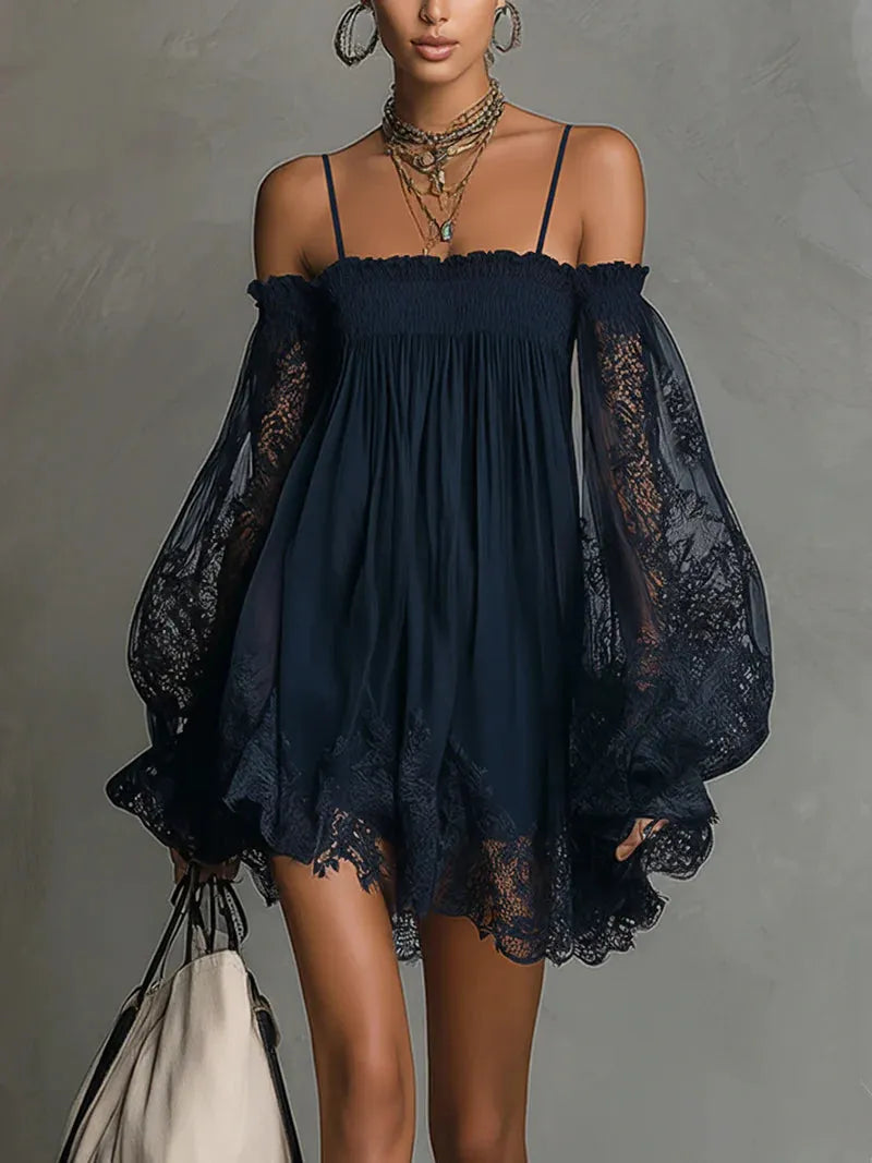 Vestido de Invitada de Boda Corto Azul Marino Boho con Manga Larga