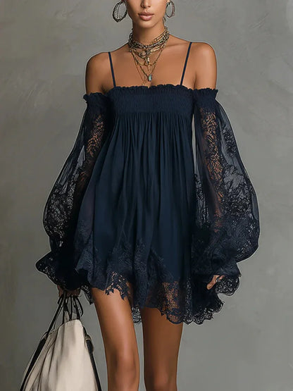 Vestido de Invitada de Boda Corto Azul Marino Boho con Manga Larga