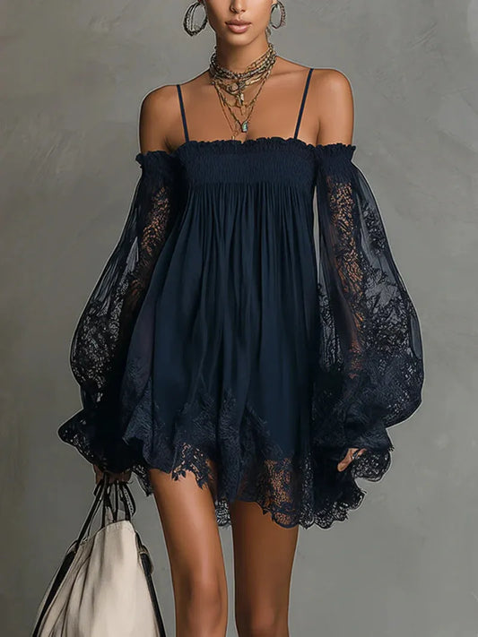 Vestido de Invitada de Boda Corto Azul Marino Boho con Manga Larga