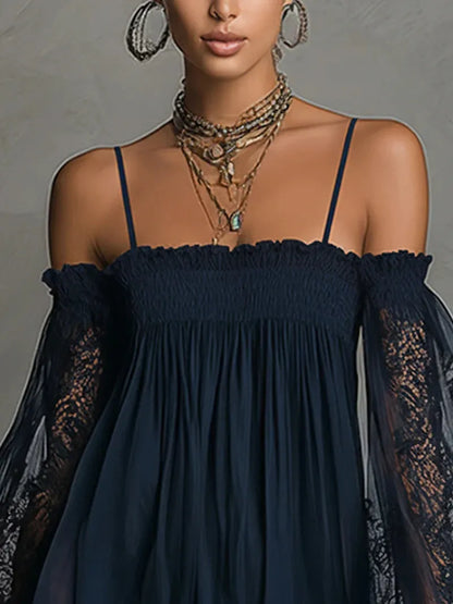 Vestido de Invitada de Boda Corto Azul Marino Boho con Manga Larga