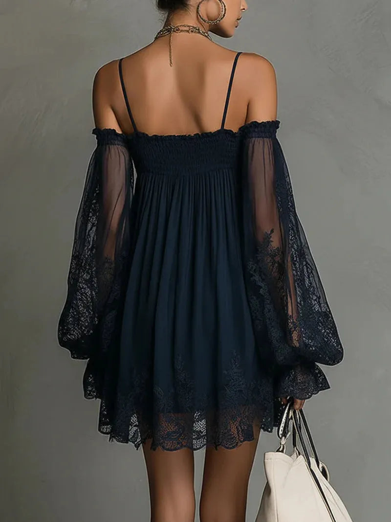 Vestido de Invitada de Boda Corto Azul Marino Boho con Manga Larga