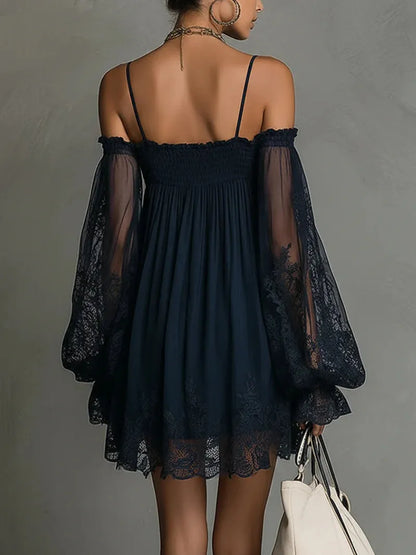 Vestido de Invitada de Boda Corto Azul Marino Boho con Manga Larga