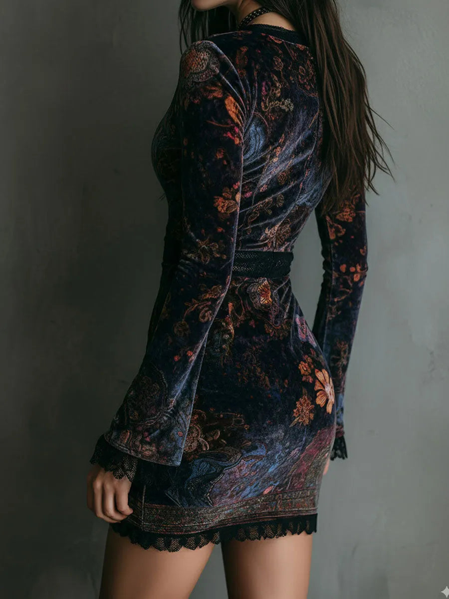Vestido de Invitada de Boda Corto Boho Flores con Manga Larga