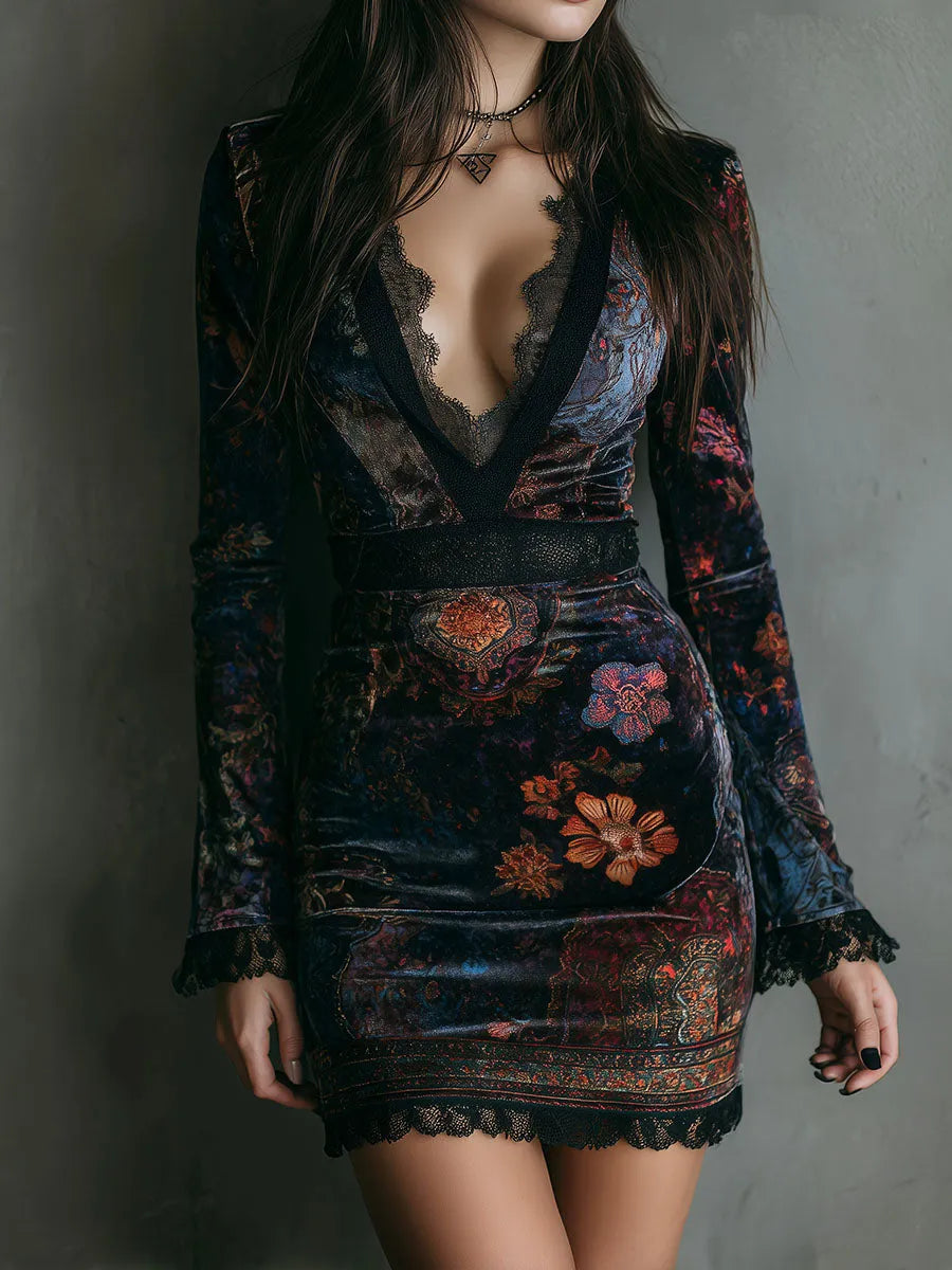 Vestido de Invitada de Boda Corto Boho Flores con Manga Larga