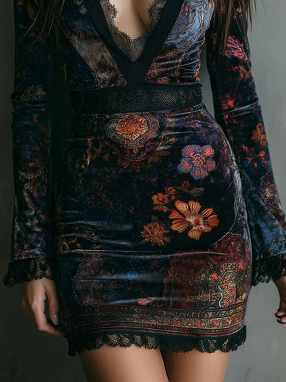 Vestido de Invitada de Boda Corto Boho Flores con Manga Larga