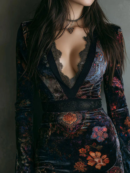 Vestido de Invitada de Boda Corto Boho Flores con Manga Larga