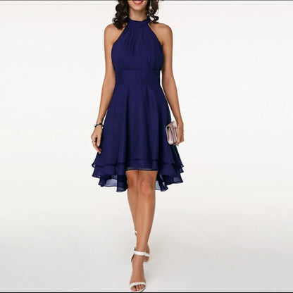 Vestido de Invitada de Boda Midi Casual Elegante con Cuello Halter