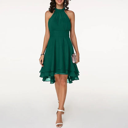 Vestido de Invitada de Boda Midi Casual Elegante con Cuello Halter