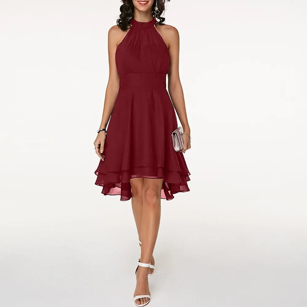 Vestido de Invitada de Boda Midi Casual Elegante con Cuello Halter