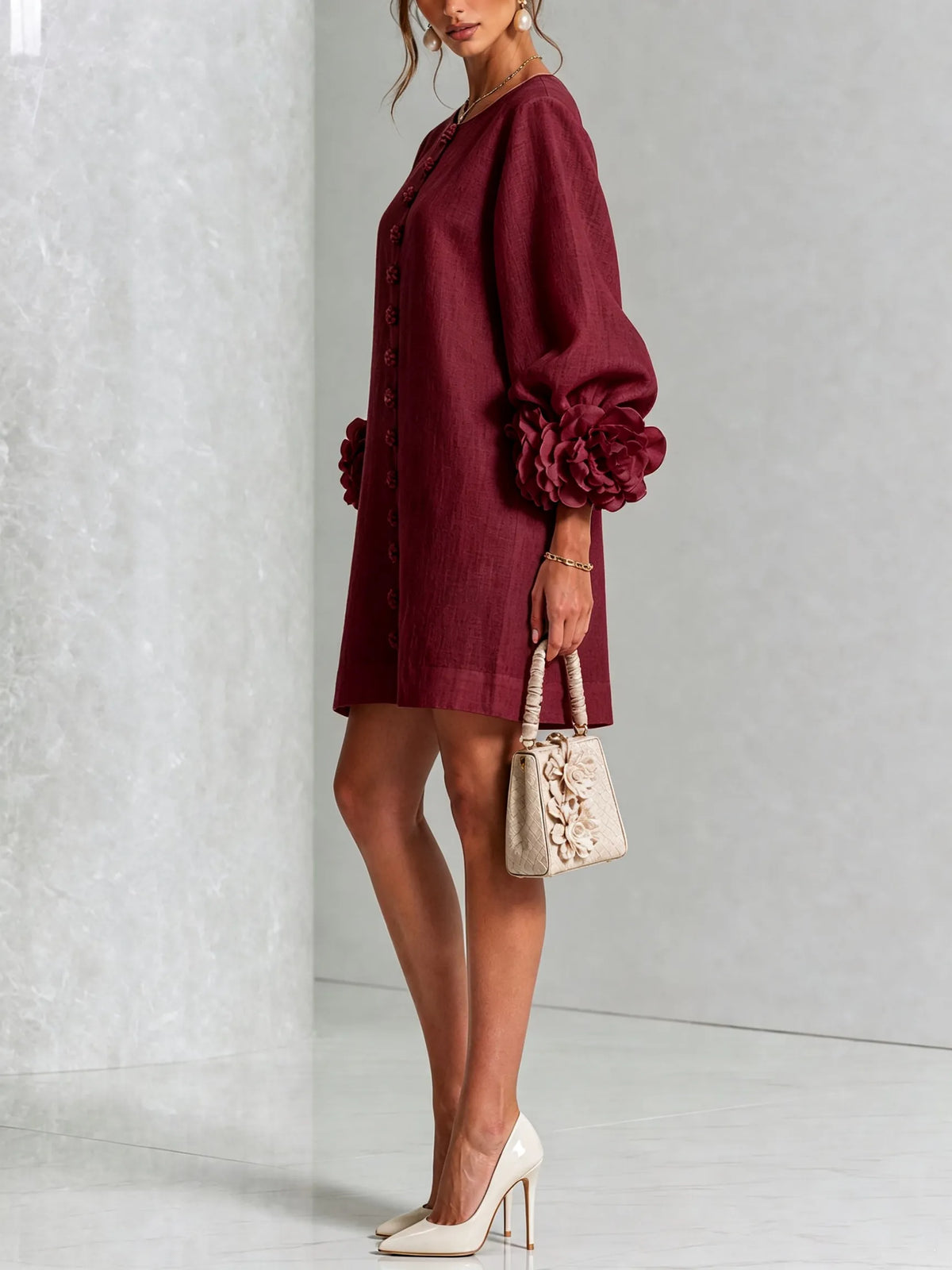 Vestido de Invitada de Boda Corto Elegante Casual con Manga Abullonada