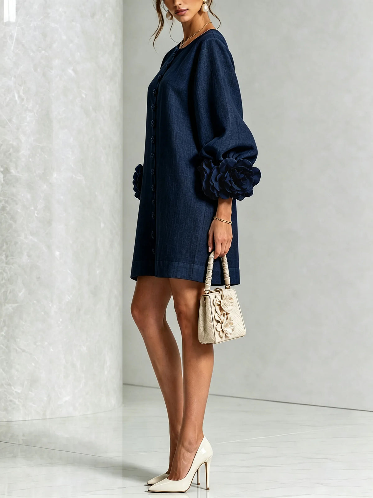 Vestido de Invitada de Boda Corto Elegante Casual con Manga Abullonada