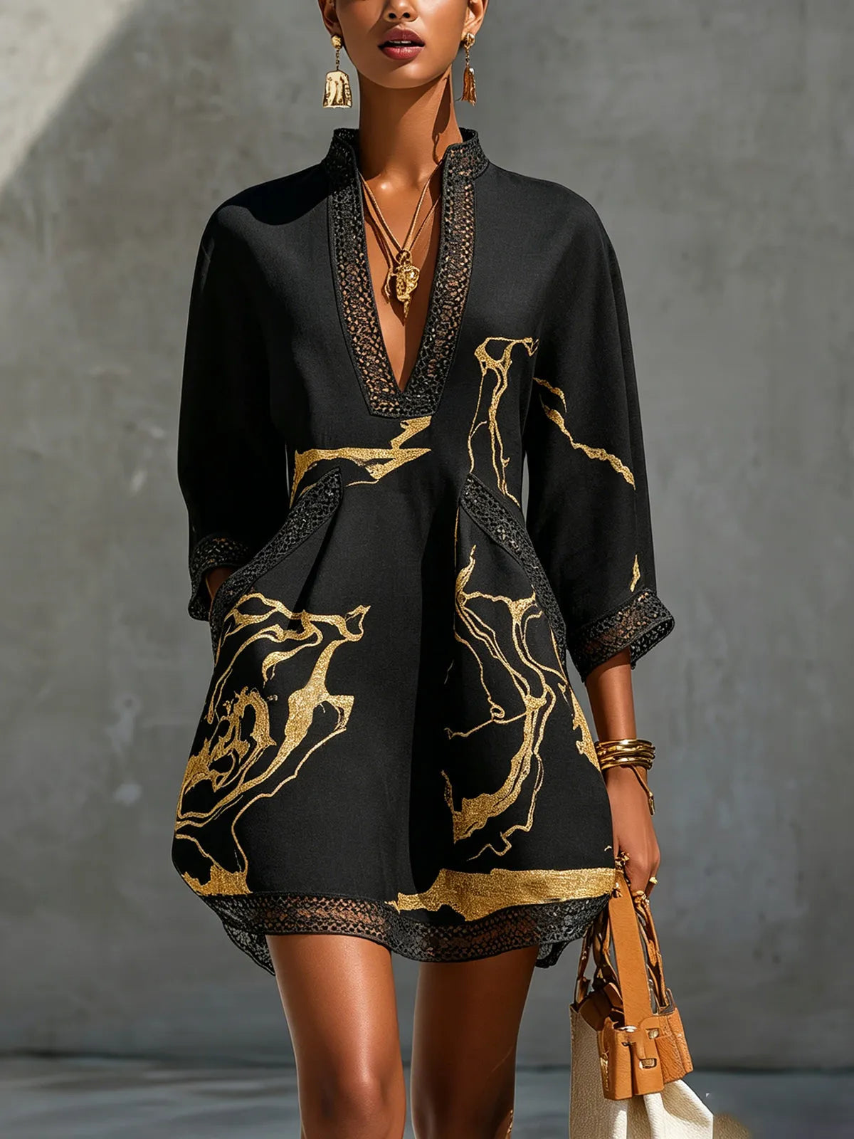Vestido de Invitada de Boda Corto Elegante Estampado con Cuello en V