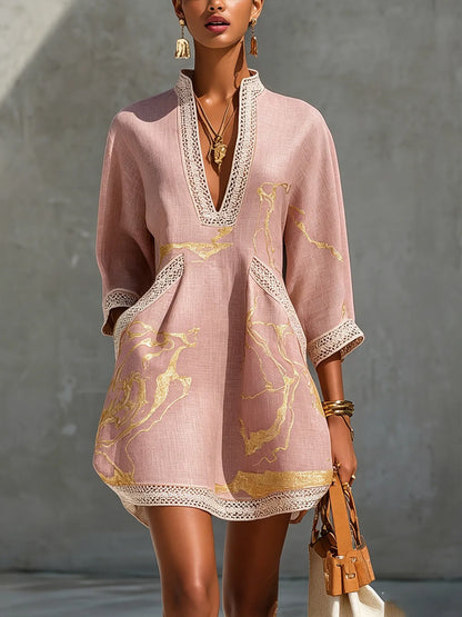 Vestido de Invitada de Boda Corto Elegante Estampado con Cuello en V