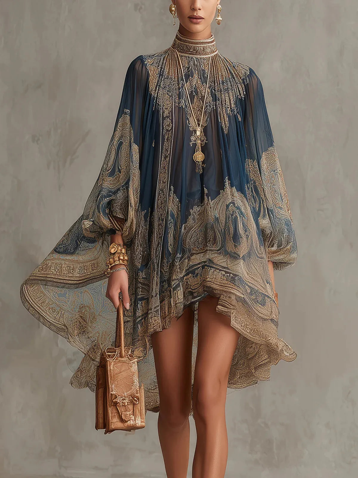 Vestido de Invitada de Boda Corto Elegante Estampado con Manga Larga
