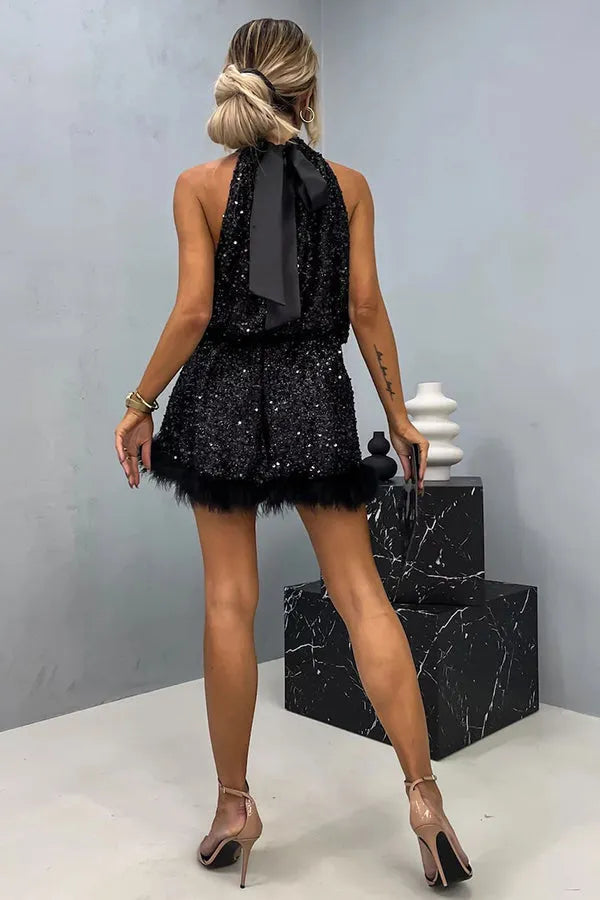 Vestido de Invitada de Boda Corto Elegante Lentejuelas con Cuello Halter