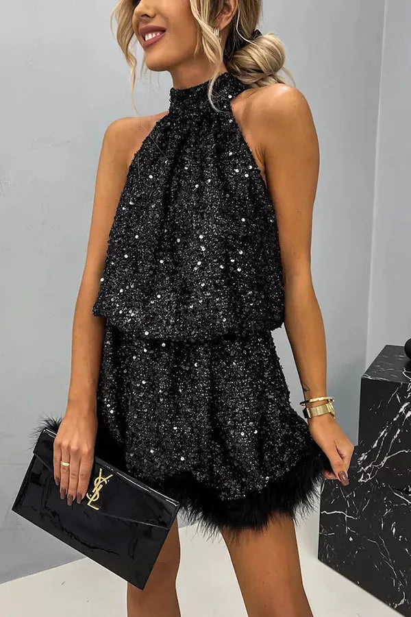 Vestido de Invitada de Boda Corto Elegante Lentejuelas con Cuello Halter