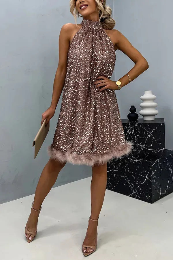 Vestido de Invitada de Boda Corto Elegante Lentejuelas con Cuello Halter