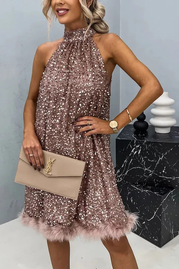 Vestido de Invitada de Boda Corto Elegante Lentejuelas con Cuello Halter