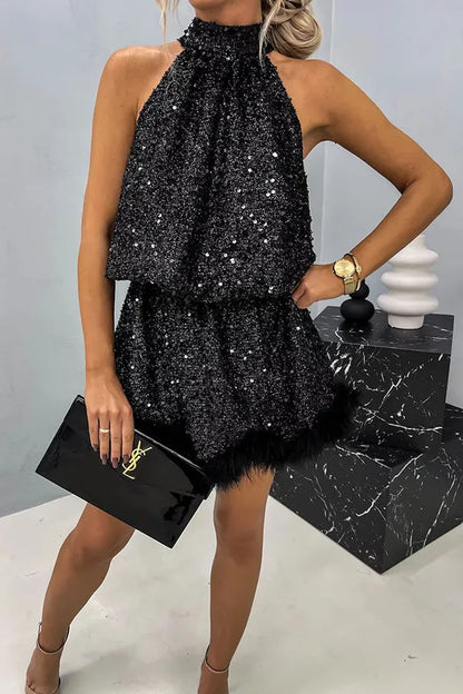 Vestido de Invitada de Boda Corto Elegante Lentejuelas con Cuello Halter