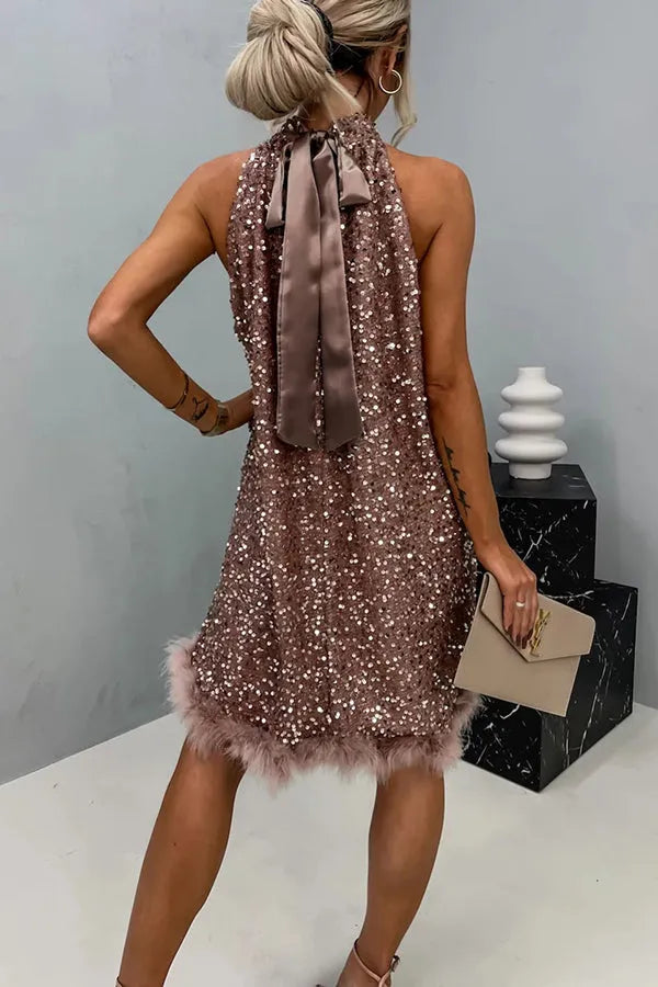Vestido de Invitada de Boda Corto Elegante Lentejuelas con Cuello Halter