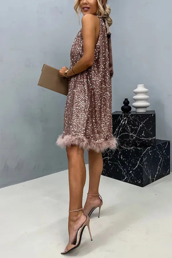 Vestido de Invitada de Boda Corto Elegante Lentejuelas con Cuello Halter