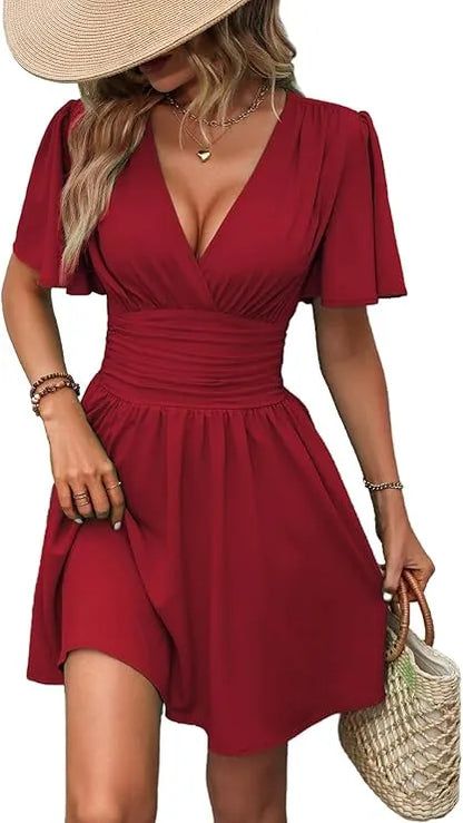 Vestido de Invitada de Boda Corto  Elegante Manga Corta con Fruncido