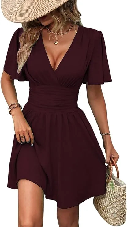 Vestido de Invitada de Boda Corto  Elegante Manga Corta con Fruncido