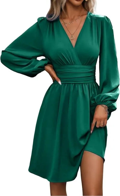 Vestido de Invitada de Boda Corto  Elegante Manga Corta con Fruncido